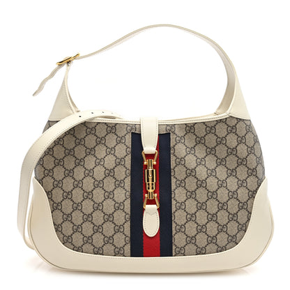 Gucci GG Supreme Monogram Textured Dollar Calfskin Web Medium Jackie 1961 Hobo Beige Ebony Mystic White 1 of 10