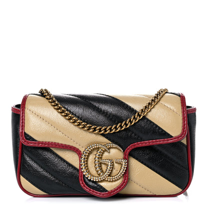 Gucci Vintage Effect Calfskin Matelasse Diagonal Striped Super Mini Torchon GG Marmont Shoulder Bag Black Beige 1 of 13