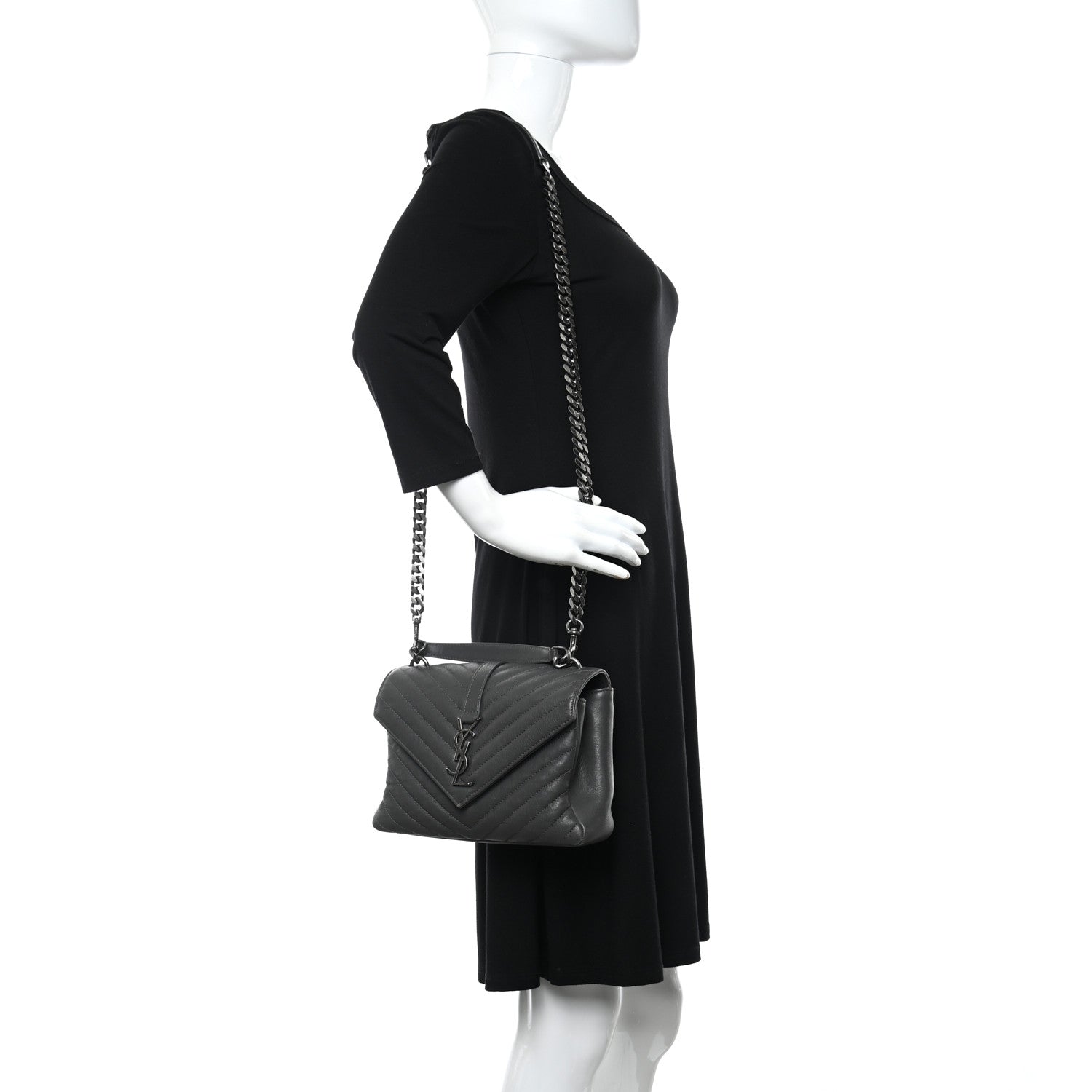 Saint Laurent Sheepskin Matelasse Chevron Monogram Medium College Bag Storm 2 of 5