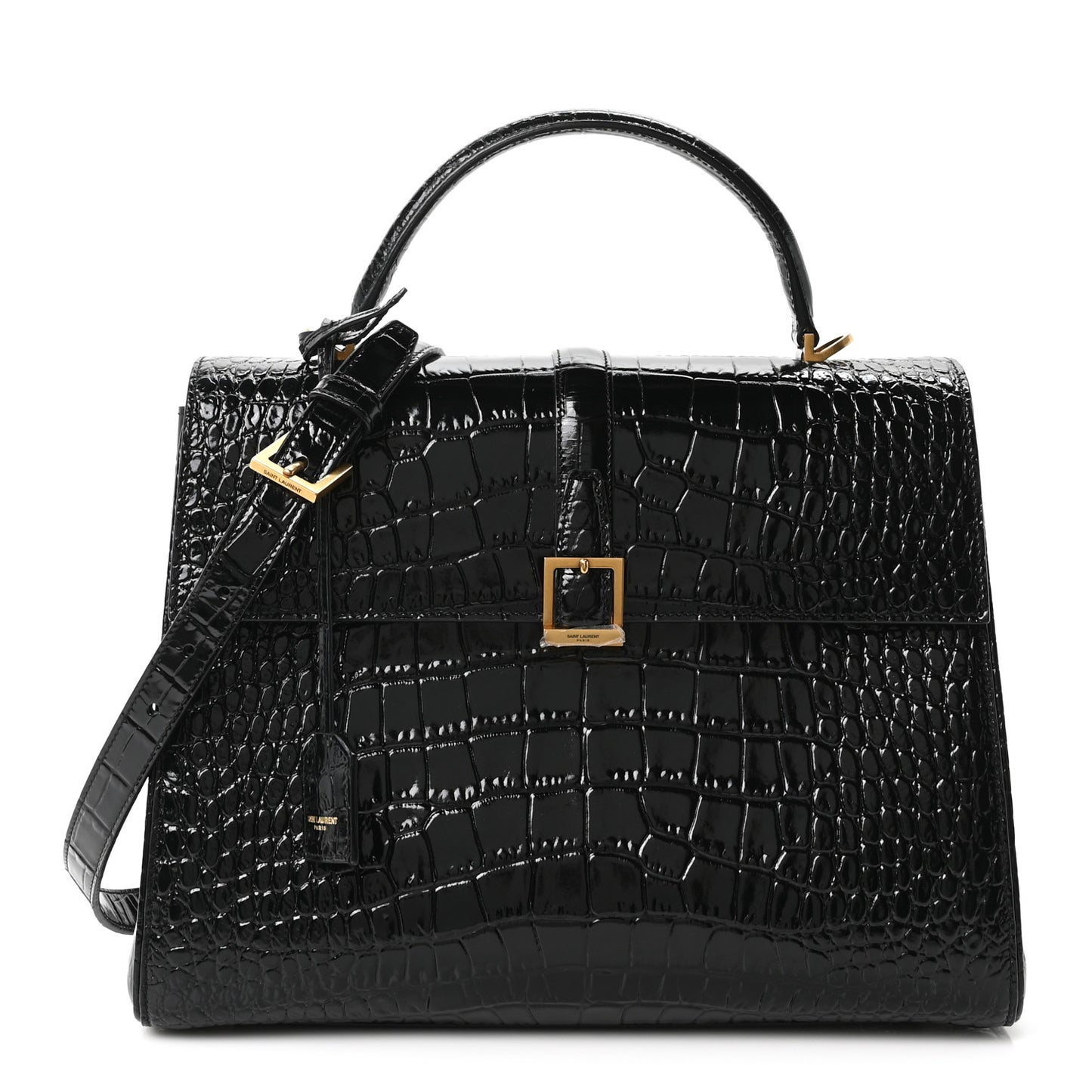 Shiny Calfskin Crocodile Embossed Le Fermoir Top Handle Bag Black