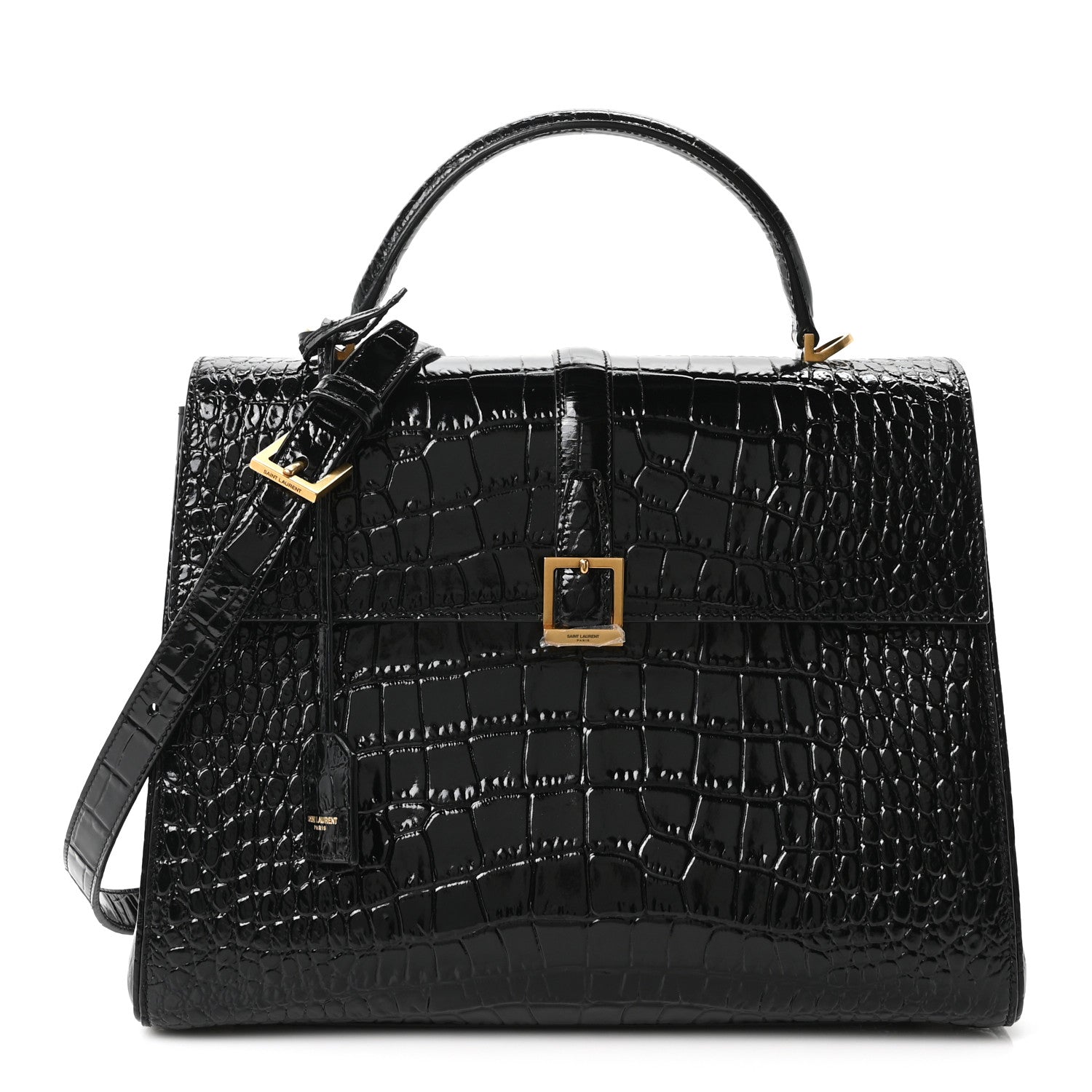Saint Laurent Shiny Calfskin Crocodile Embossed Le Fermoir Top Handle Bag Black 1 of 10
