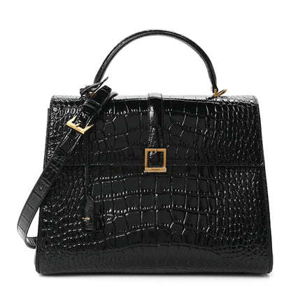 Saint Laurent Shiny Calfskin Crocodile Embossed Le Fermoir Top Handle Bag Black 1 of 10