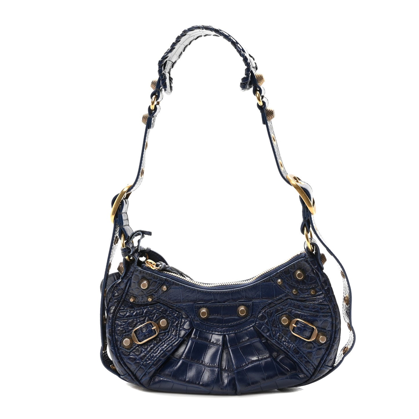 Extra Supple Calfskin Crocodile Embossed Le Cagole Shoulder Bag XS Indigo