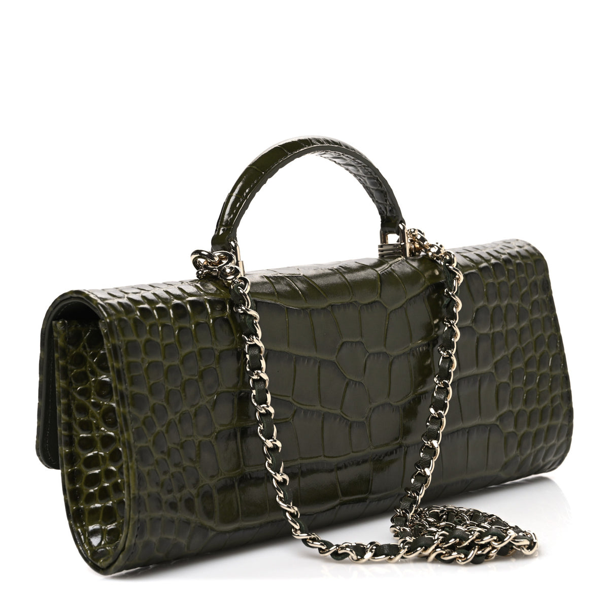 Calfskin Crocodile Embossed Top Handle Long Clutch With Chain Khaki
