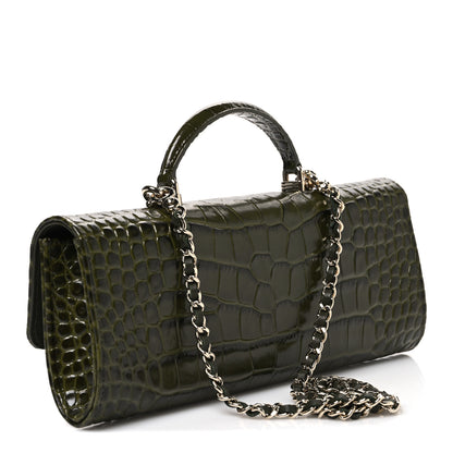 Chanel Calfskin Crocodile Embossed Top Handle Long Clutch With Chain Khaki 3 of 12