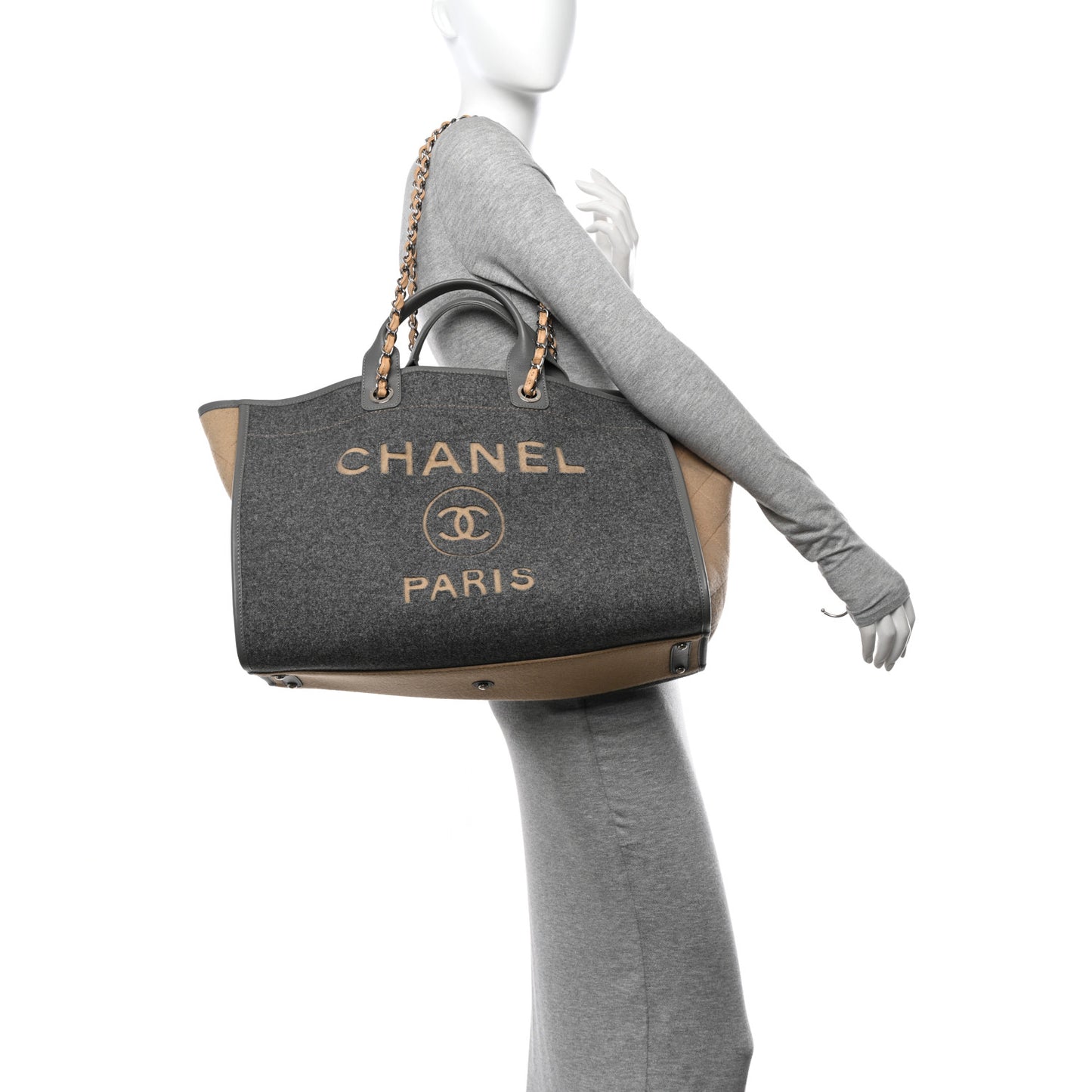 Wool Felt Calfskin Large Deauville Tote Grey Beige