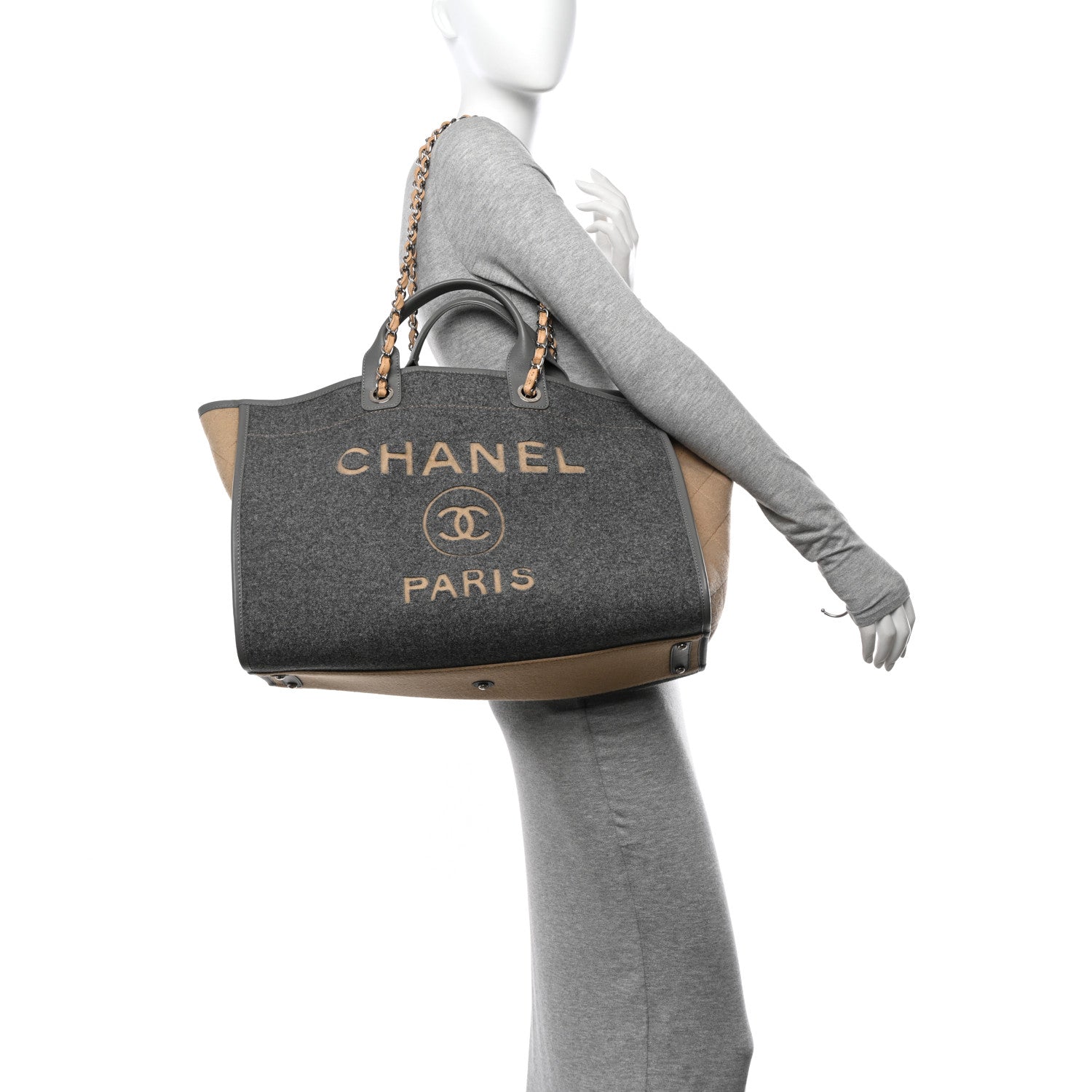 Chanel Wool Felt Calfskin Large Deauville Tote Grey Beige 2 of 13