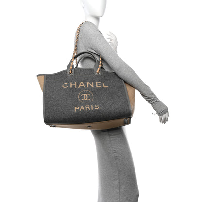Chanel Wool Felt Calfskin Large Deauville Tote Grey Beige 2 of 13