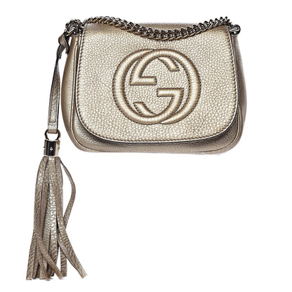 Gucci Metallic Pebbled Calfskin Small Soho Flap Crossbody Golden Beige 1 of 10