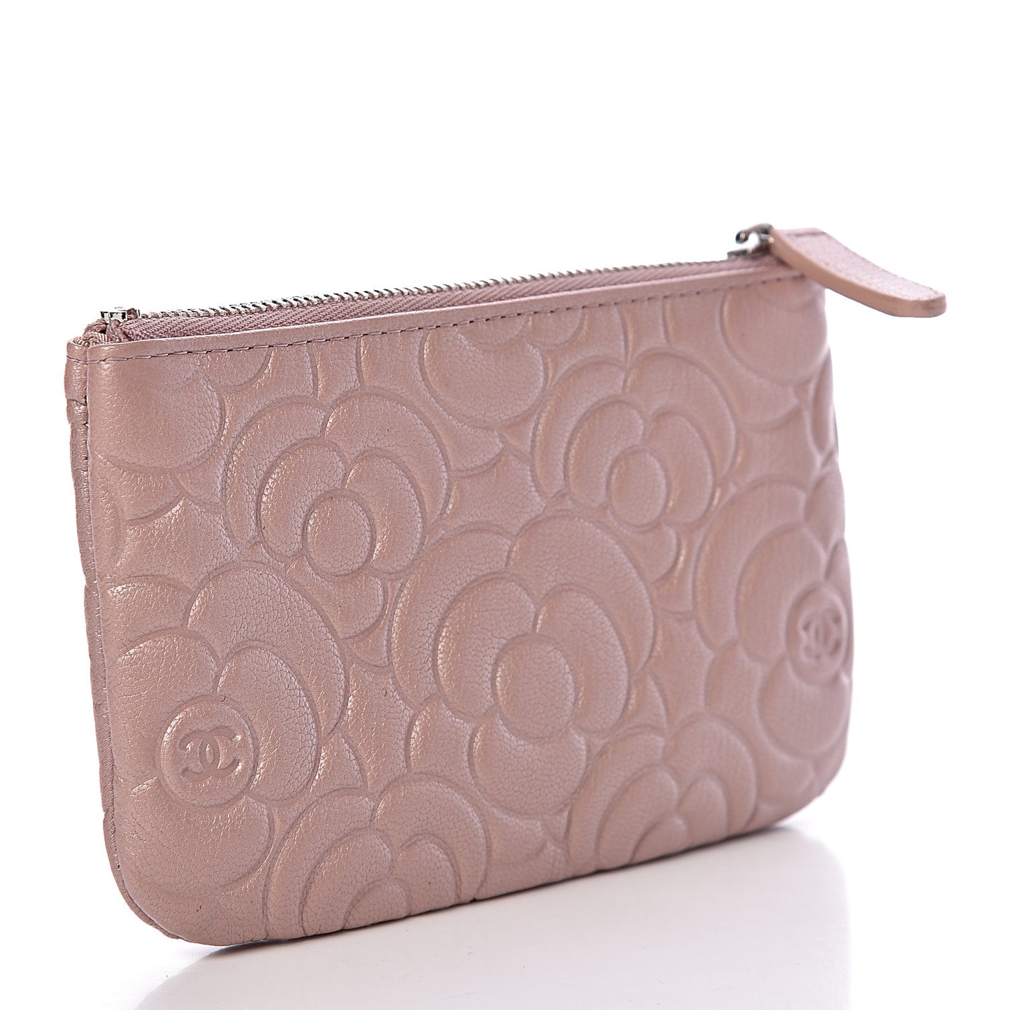 Goatskin Camellia Embossed Cosmetic Pouch Light Pink