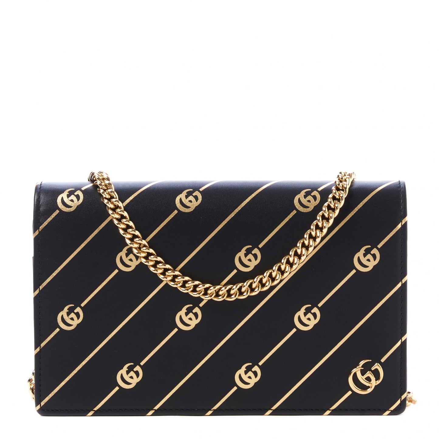 Calfskin Diagonal GG Mini Chain Wallet Black Gold