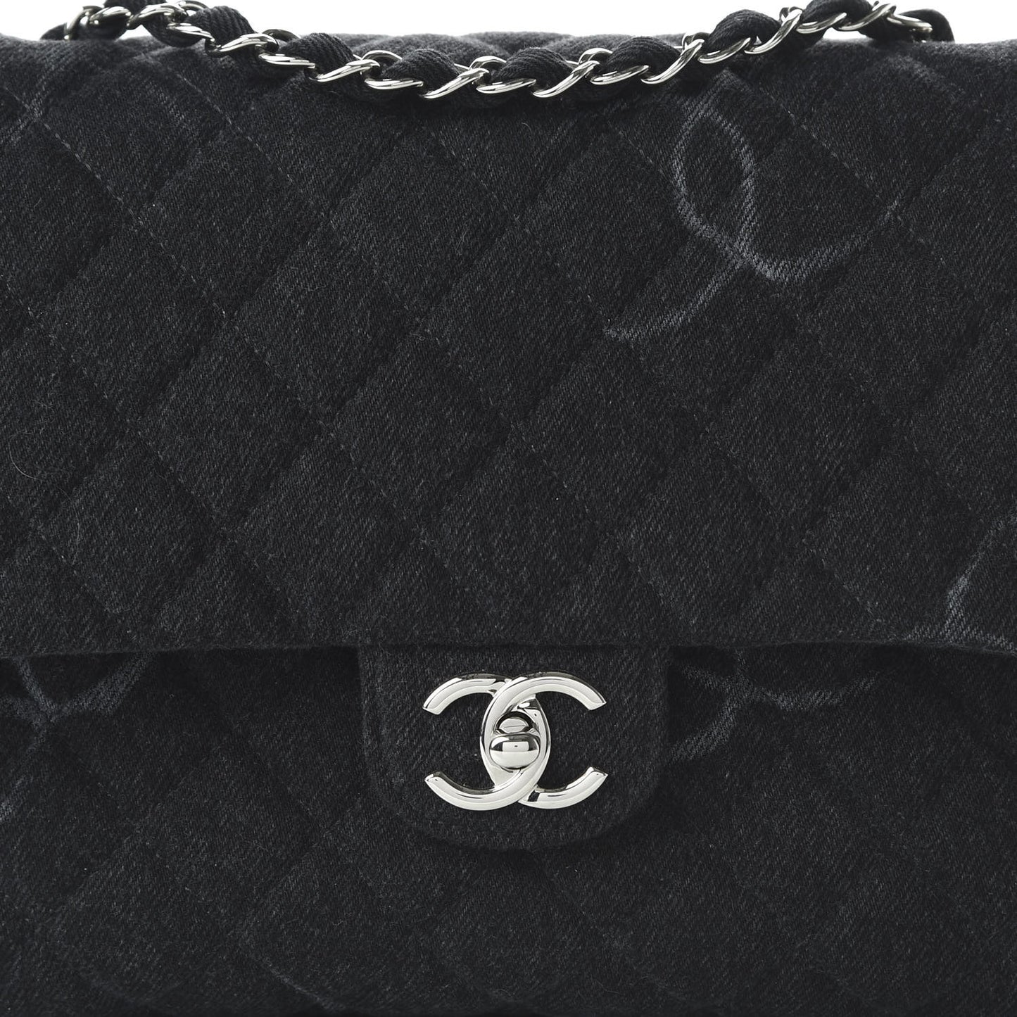 Denim Quilted CC Print Jumbo Single Flap Black