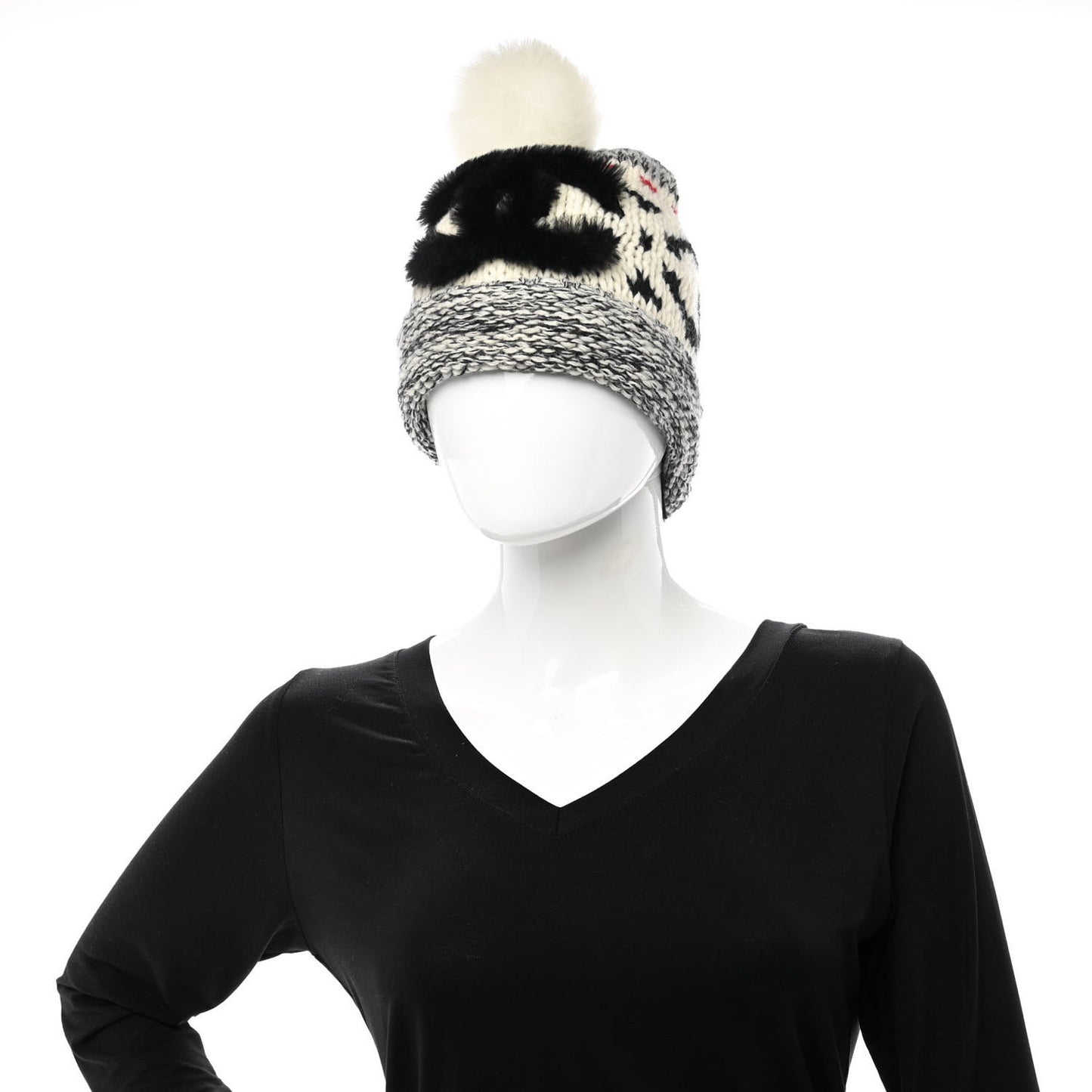 Wool Shearling CC Beanie Hat Grey Black Red