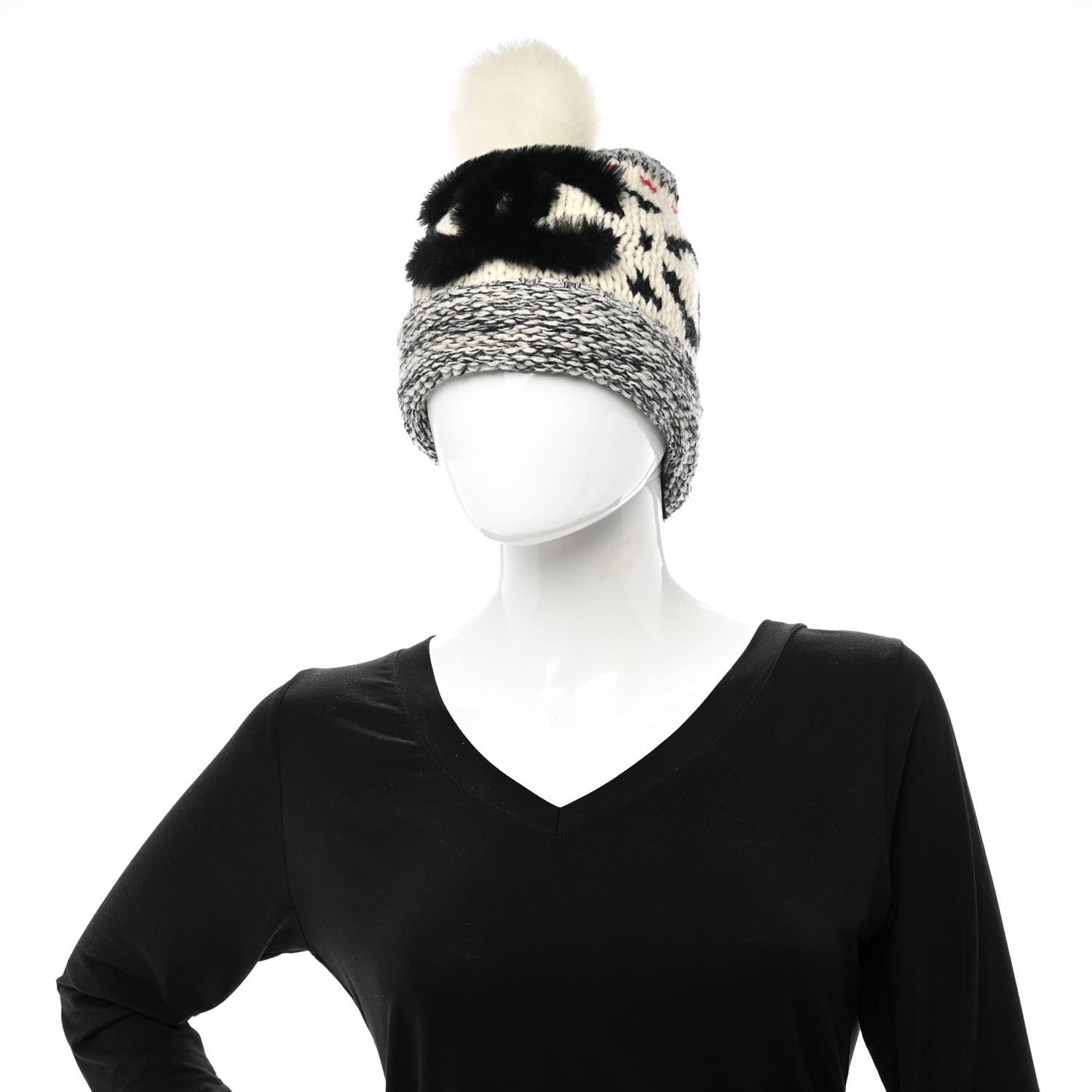 Chanel Wool Shearling CC Beanie Hat Grey Black Red 2 of 7