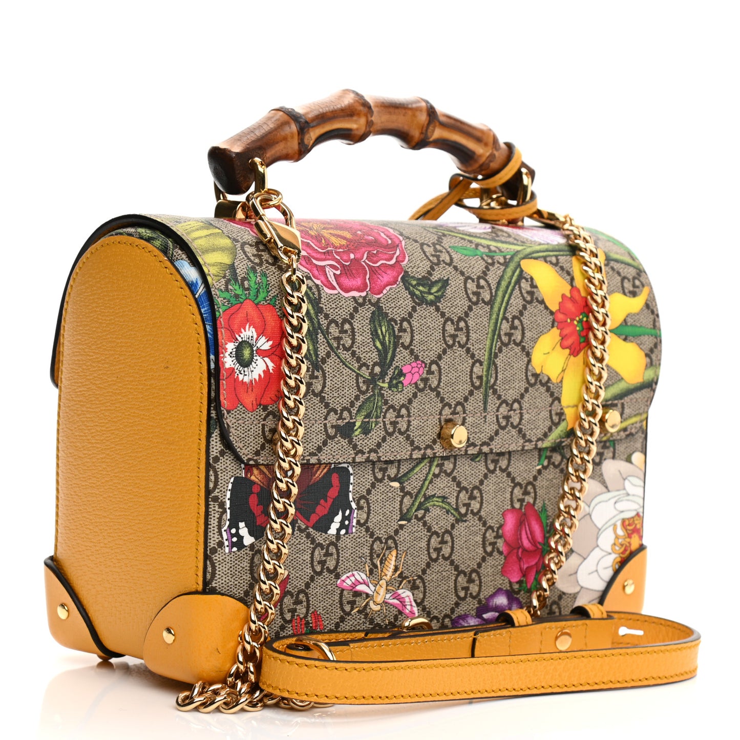 GG Supreme Monogram Flora Small Padlock Bamboo Shoulder Bag Beige Multicolor Crop