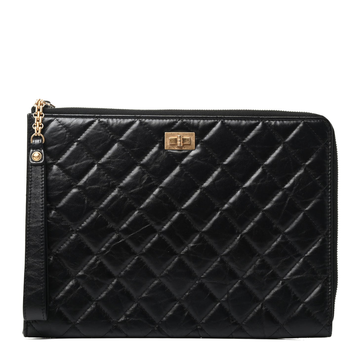 Aged Calfskin Quilted 2.55 Reissue Pouch With Handle Black