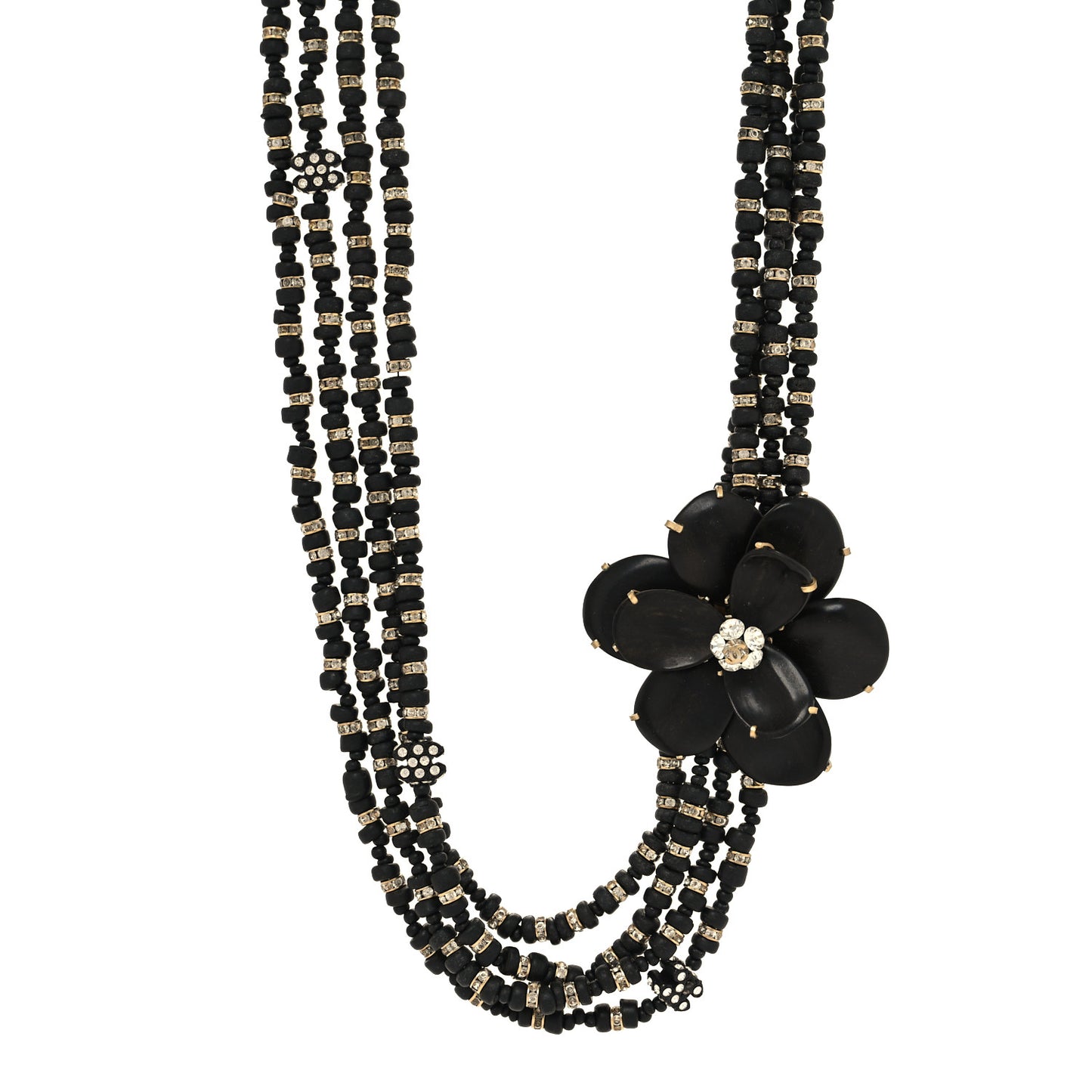 Wood Crystal Bead Camellia Multi Strand Necklace Black