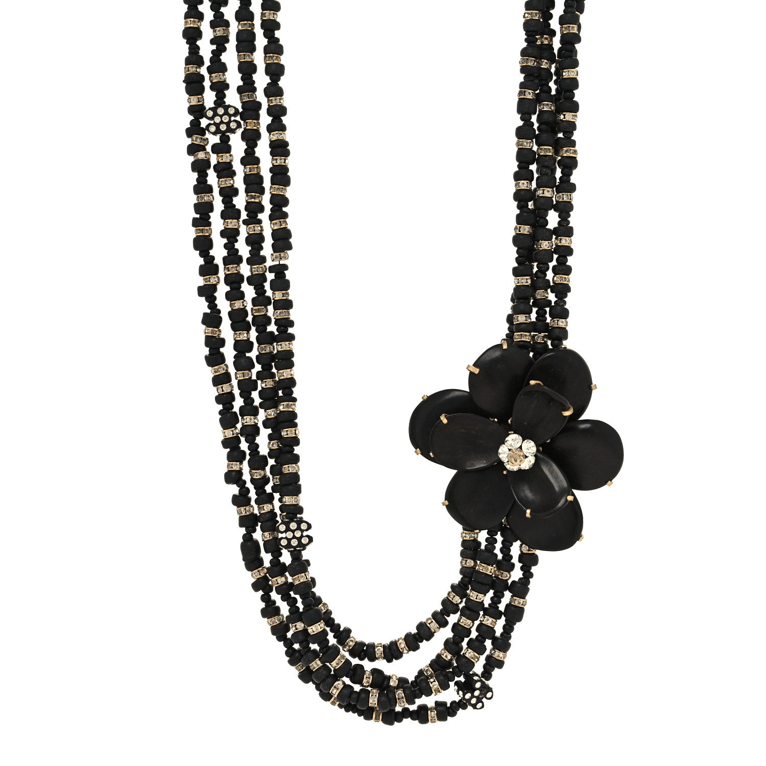Chanel Wood Crystal Bead Camellia Multi Strand Necklace Black 1 of 6