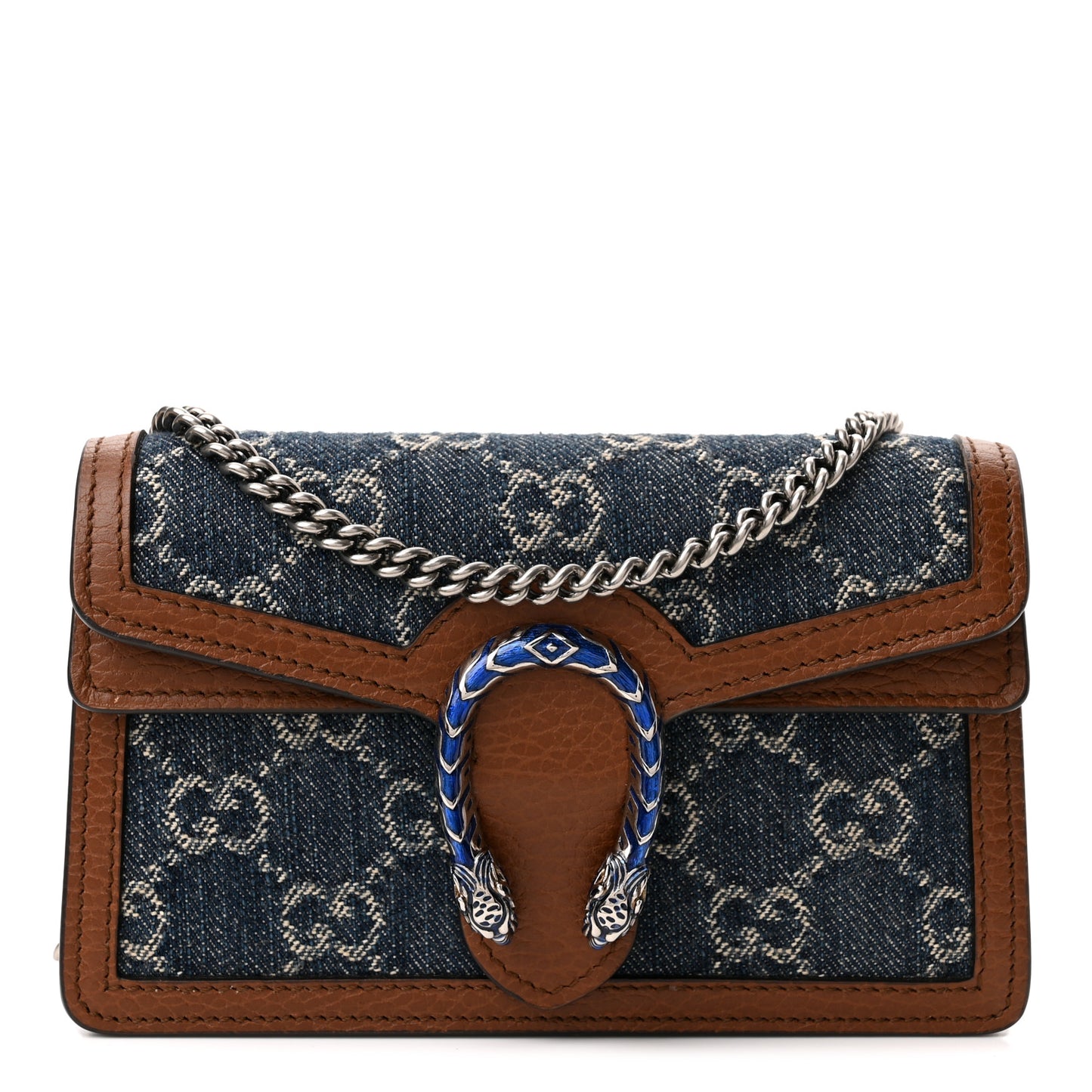 New Denim GG Monogram Dollar Calfskin Enamel Super Mini Dionysus Shoulder Bag Blue Tea Cuir Epilog Electric Blue