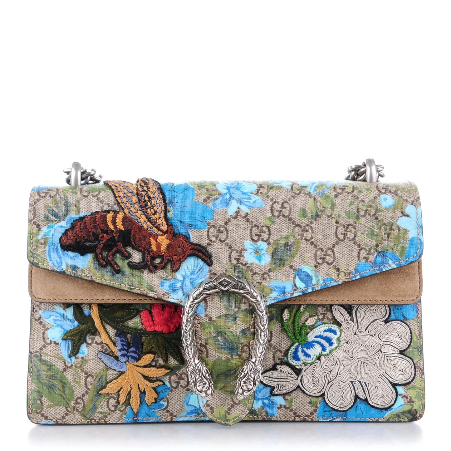 GG Supreme Monogram Blooms Print Embroidered Small Dionysus Shoulder Bag Blue Taupe