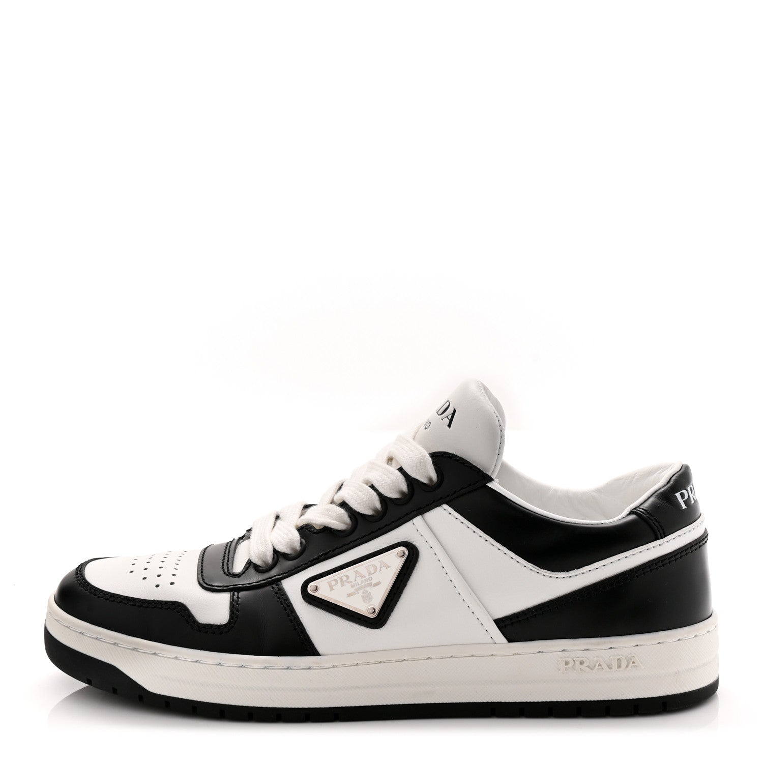 Prada Vitello Sport Spazzolato Rois Triangle Logo Womens Downtown Low Top 30mm Sneakers 36.5 White Black 1 of 10