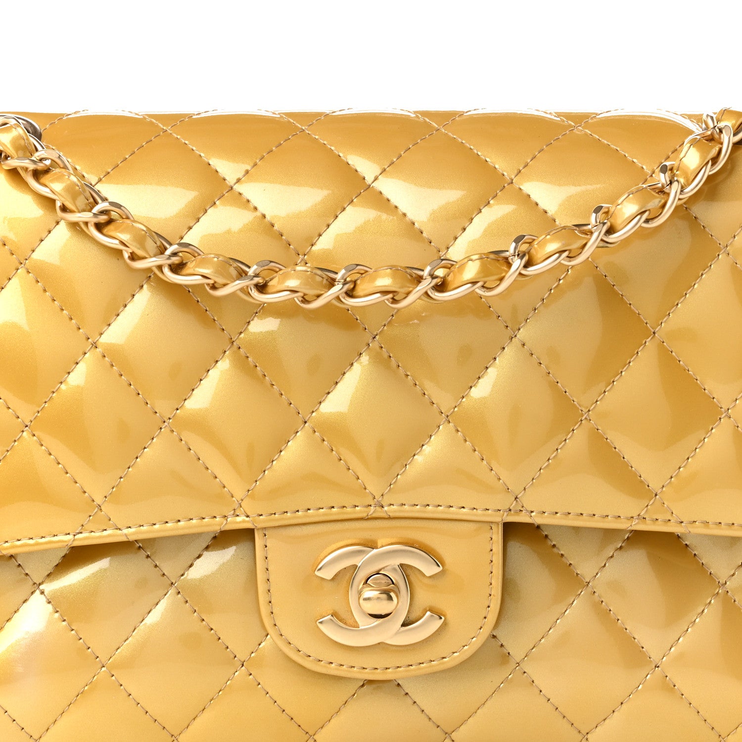 Chanel Metallic Patent Quilted Medium Double Flap Gold 8 of 10