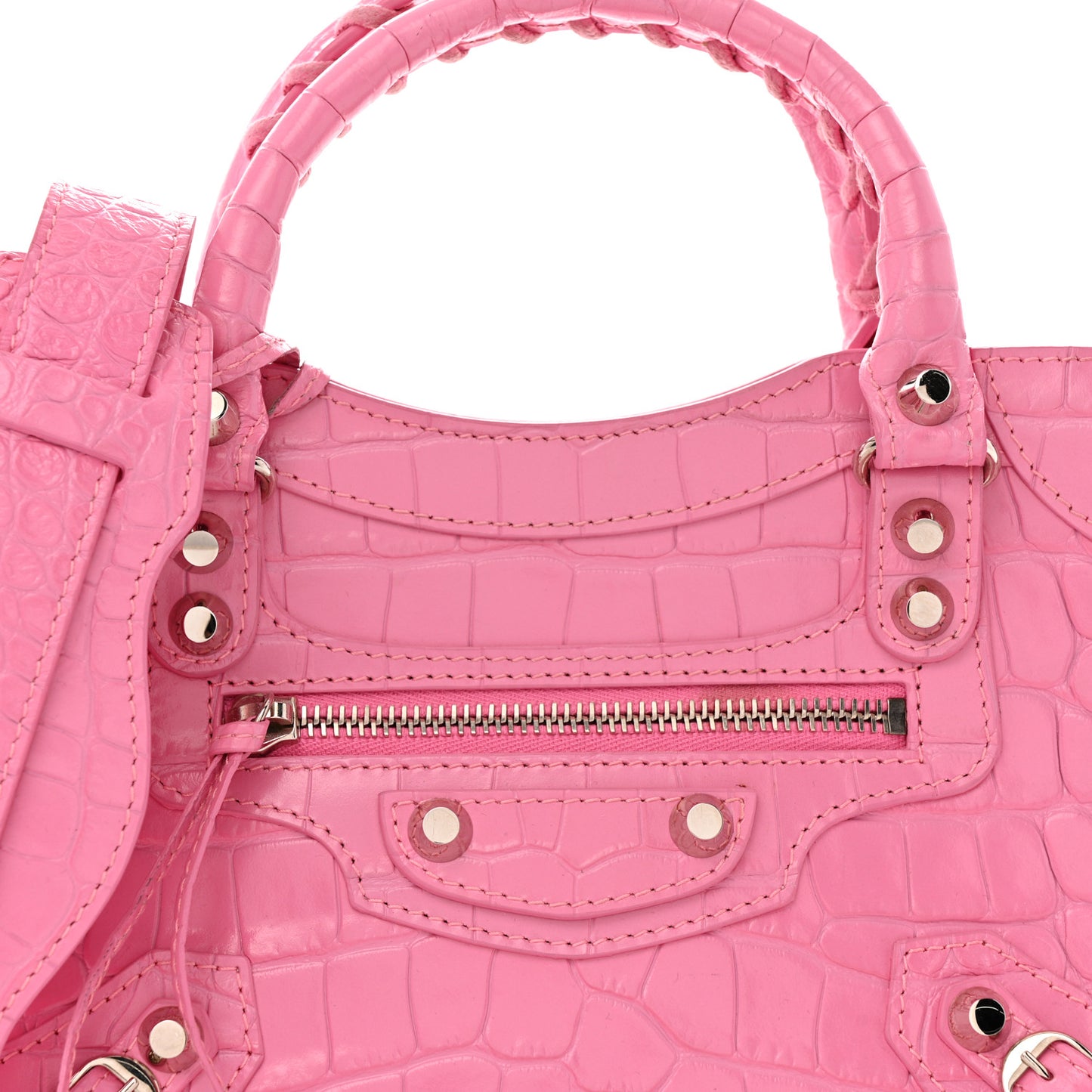 Shiny Supple Calfskin Crocodile Embossed Classic Silver Hardware Mini City Baby Pink