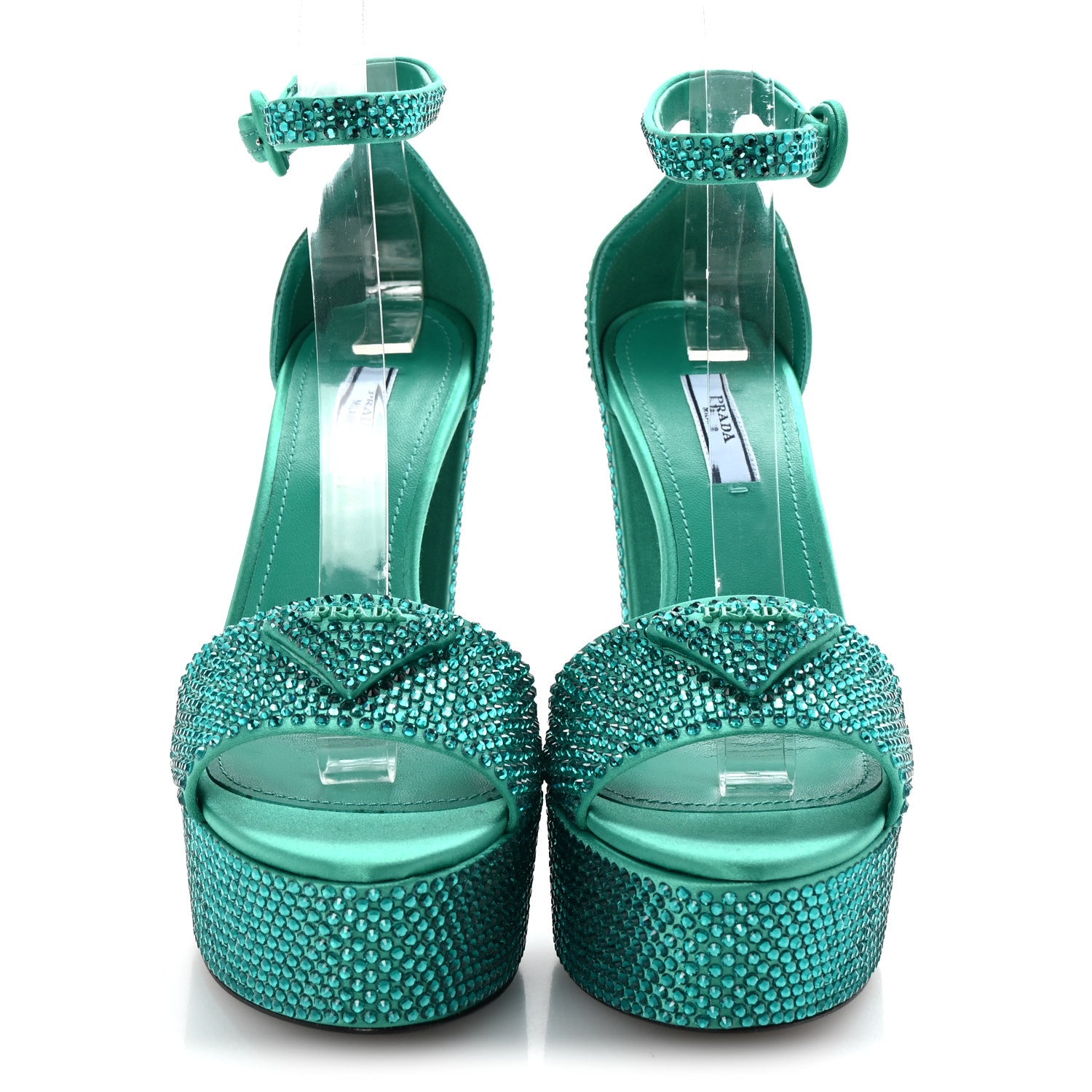 Prada Satin Crystal Triangle Logo 40/135mm Platform Sandals 36.5 Mango 3 of 9