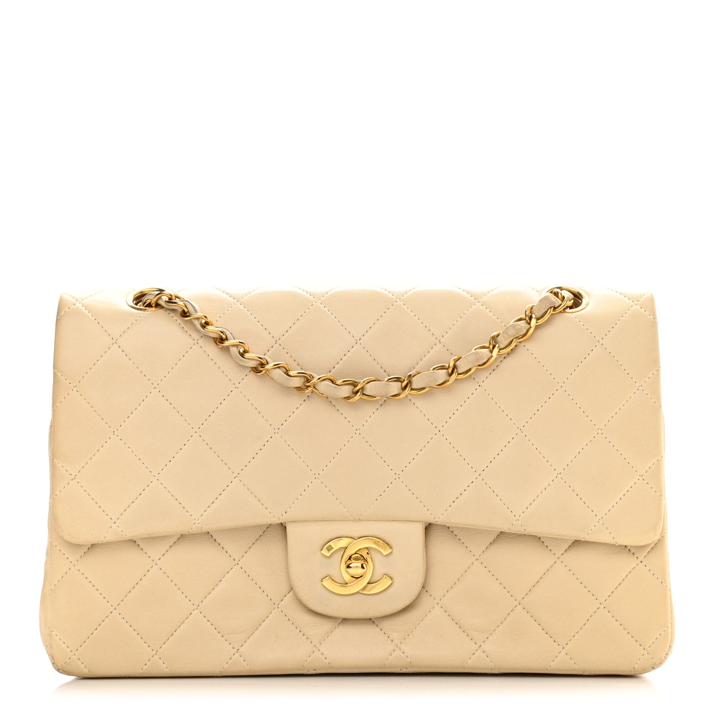 Lambskin Quilted Medium Double Flap Beige