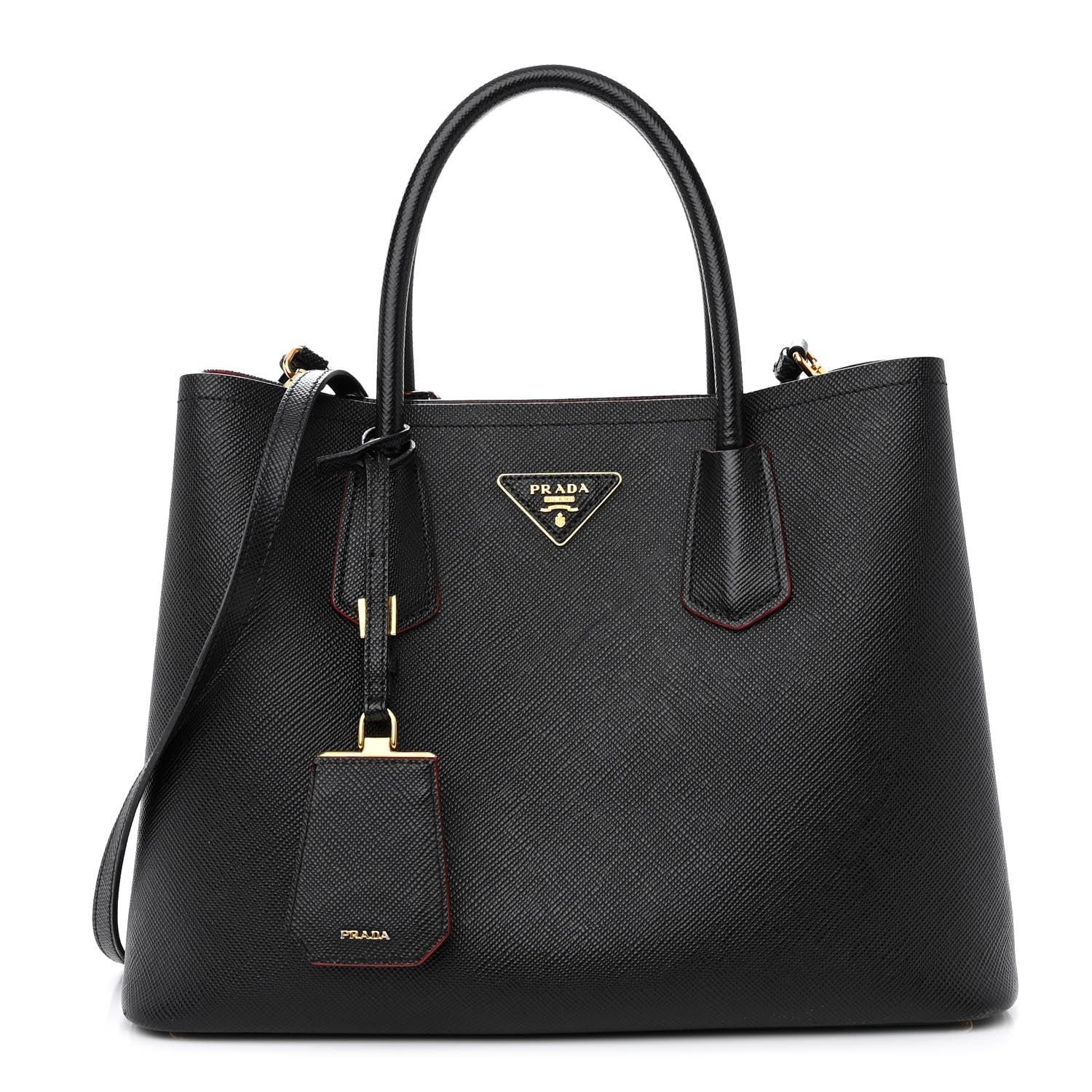 Prada Saffiano Cuir Medium Double Bag Black Fuoco 1 of 11