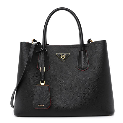 Prada Saffiano Cuir Medium Double Bag Black Fuoco 1 of 11