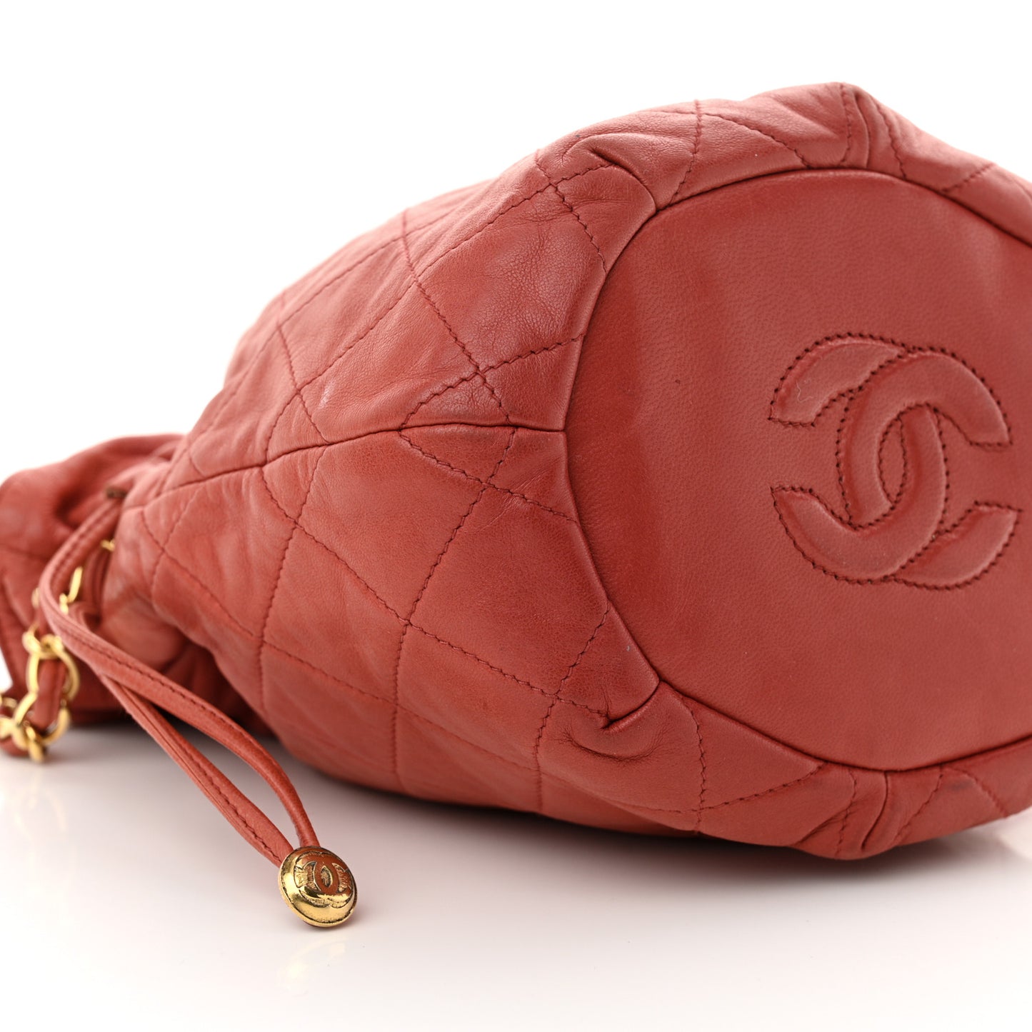Lambskin Quilted Mini Drawstring Bucket Bag Red