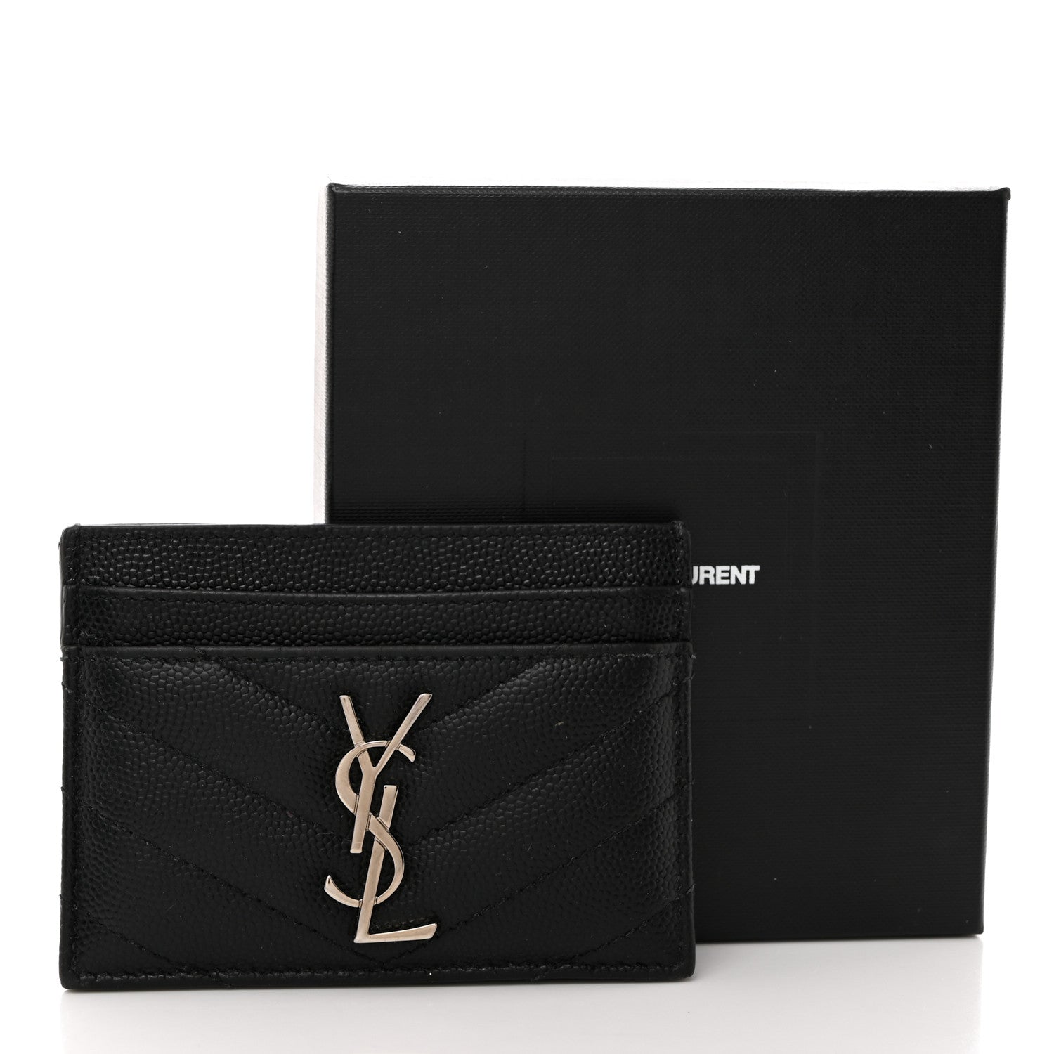 Saint Laurent Grain De Poudre Matelasse Chevron Monogram Credit Card Case Black 3 of 8