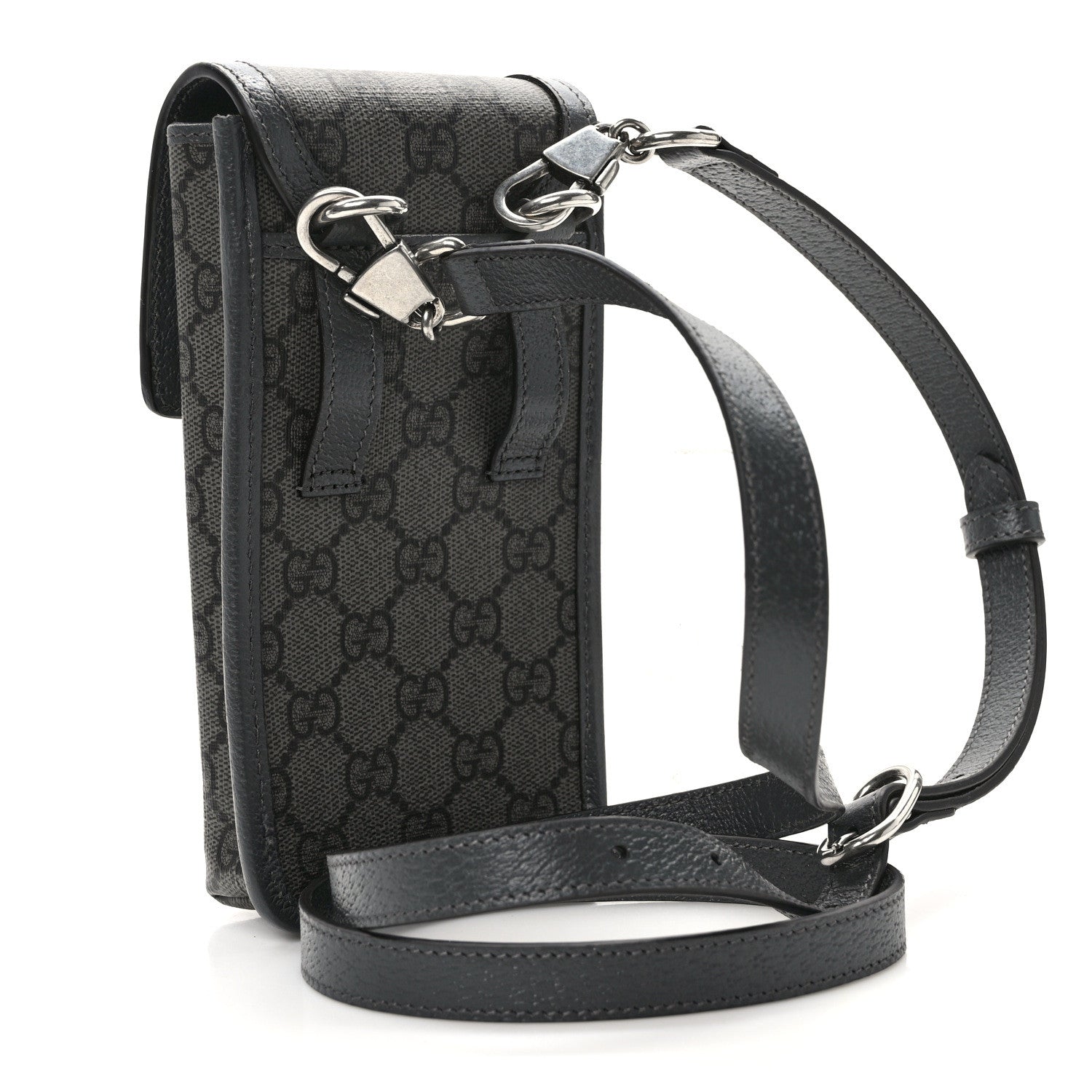 Gucci GG Supreme Monogram Textured Dollar Calfskin Phone Crossbody Bag Grey Black Graphite Grey 3 of 10