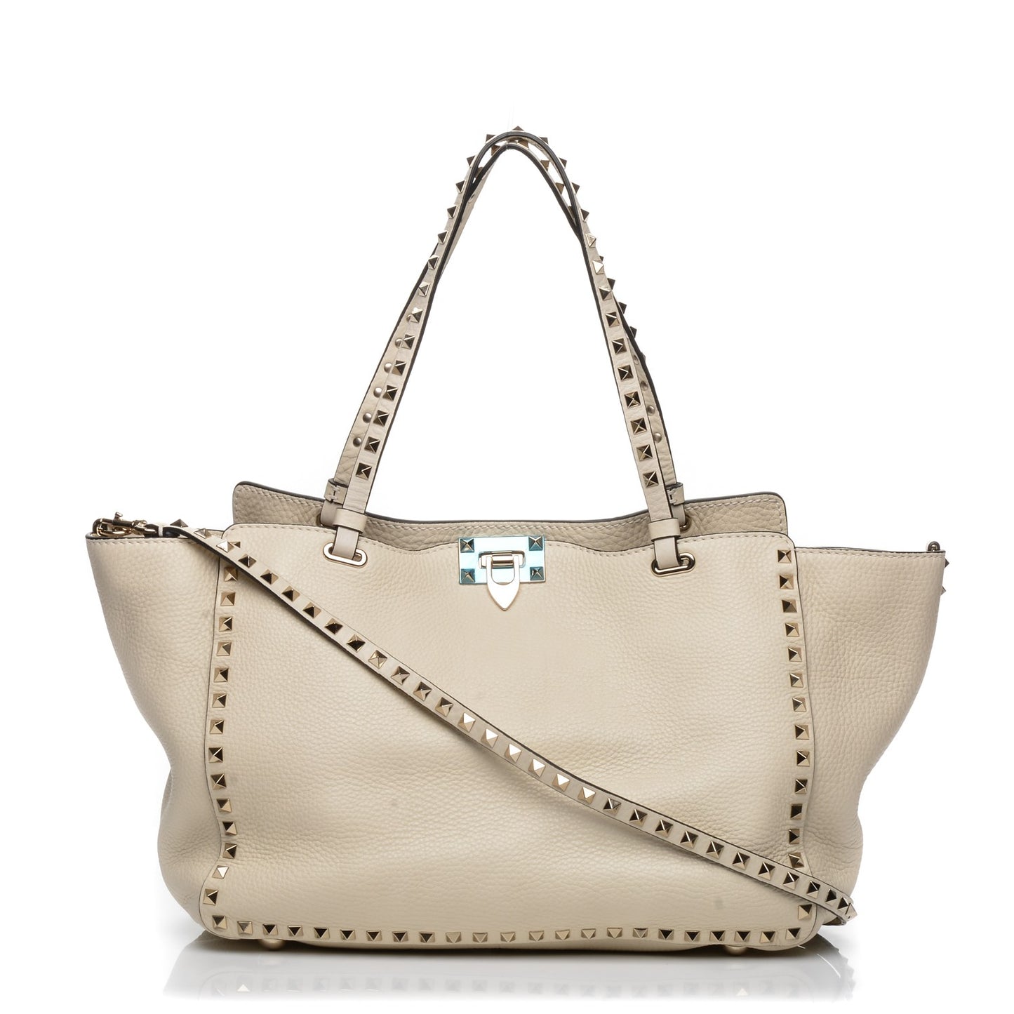 Pebbled Calfskin Medium Rockstud Tote Light Ivory
