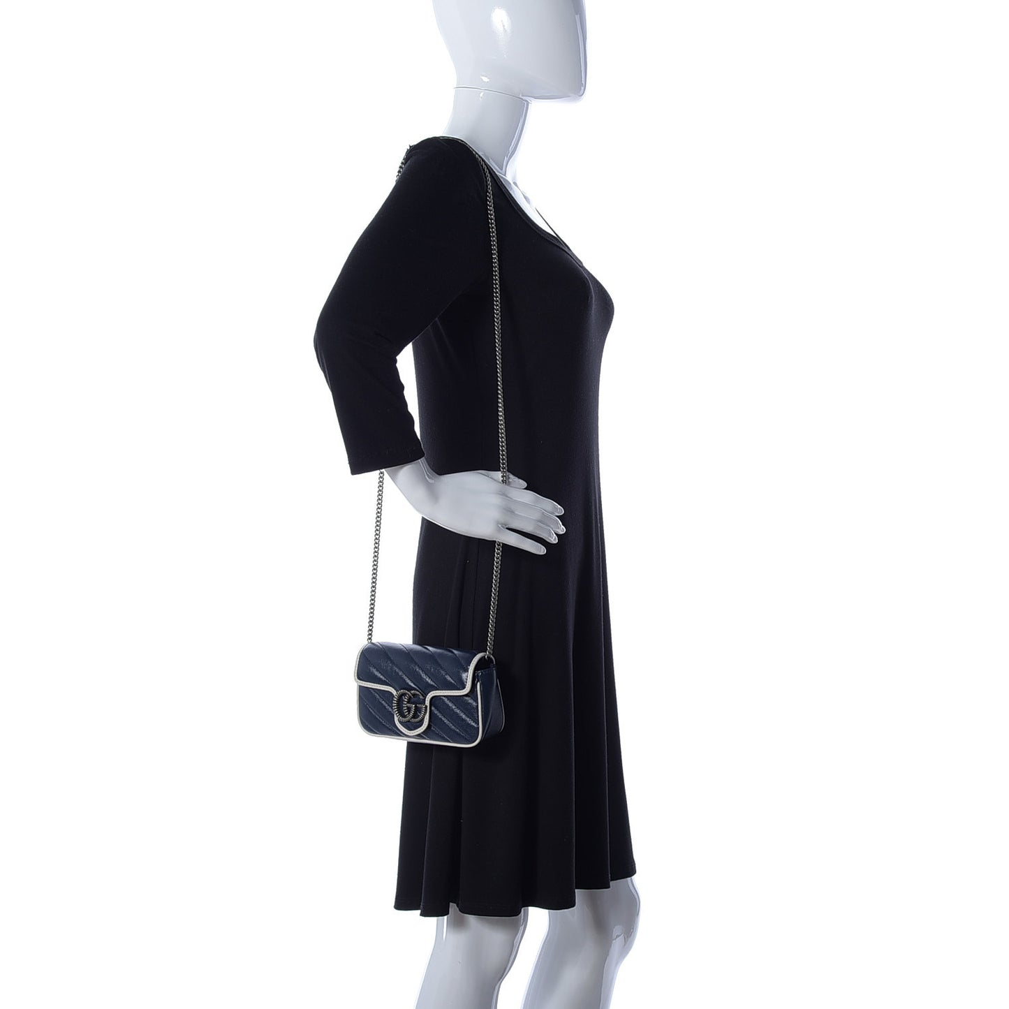 Vintage Effect Calfskin Matelasse Diagonal Super Mini Torchon GG Marmont Shoulder Bag Blue Agata Mystic White