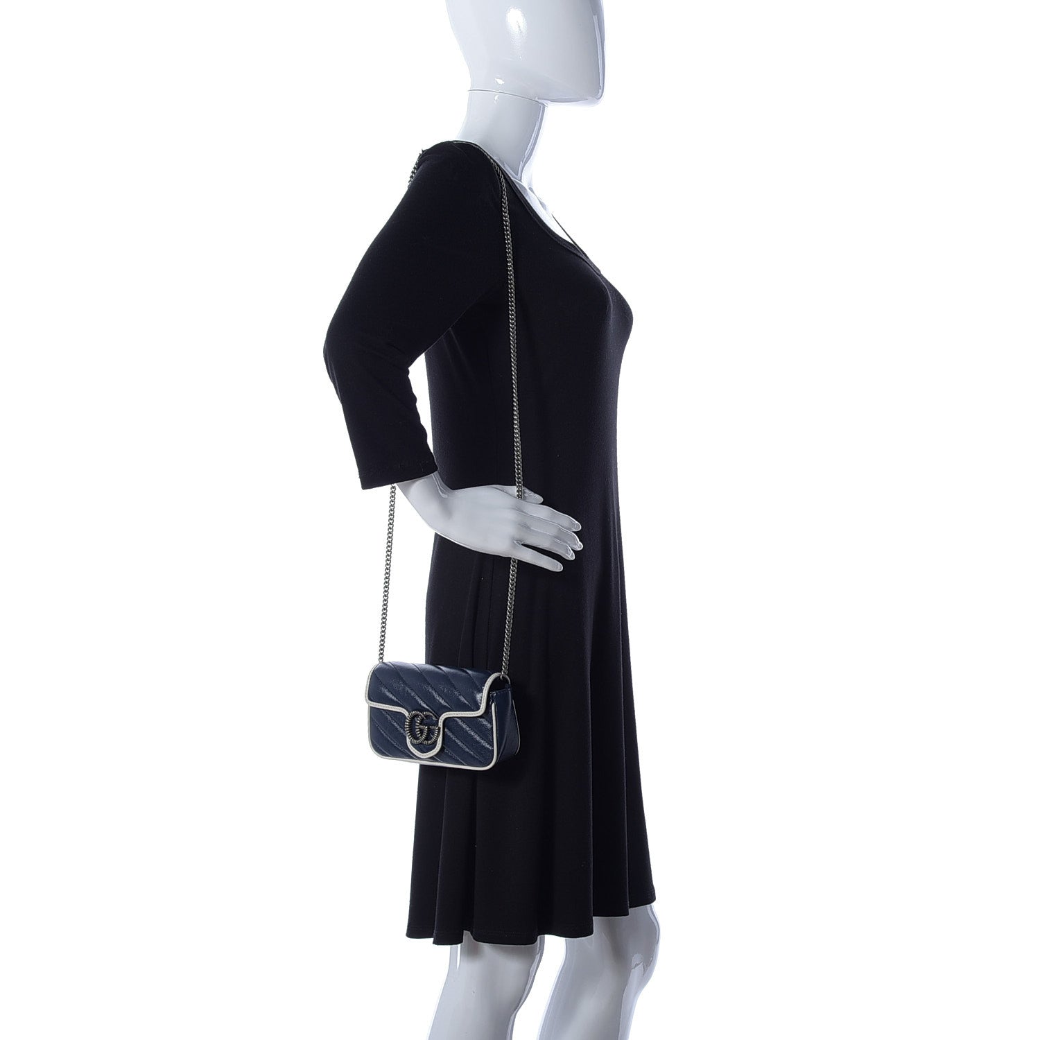 Gucci Vintage Effect Calfskin Matelasse Diagonal Super Mini Torchon GG Marmont Shoulder Bag Blue Agata Mystic White 2 of 10