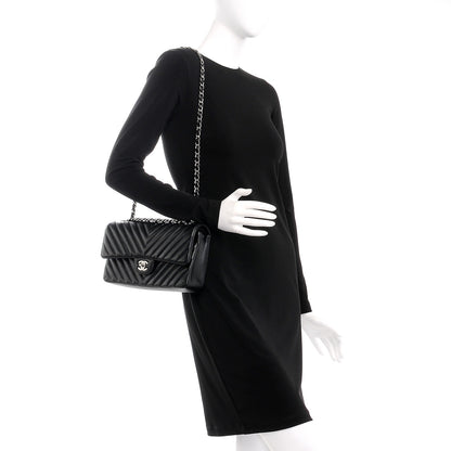 Chanel Caviar Chevron Quilted Medium Double Flap Black 3 of 10