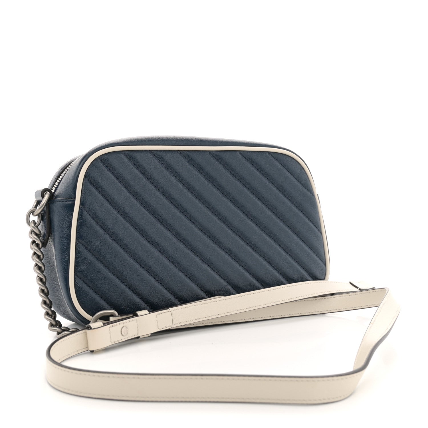 Gucci Vintage Effect Calfskin Matelasse Diagonal Small Torchon GG Marmont Chain Shoulder Bag Blue Agata Mystic White 3 of 11