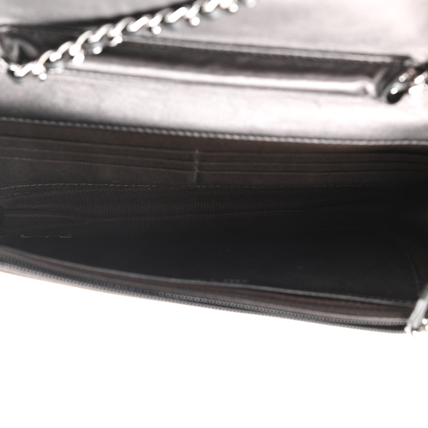 Metallic Lambskin Quilted Wallet On Chain WOC Dark Grey