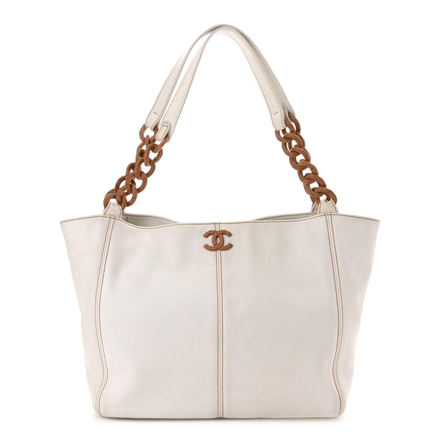 Calfskin Wood Chain Tote White