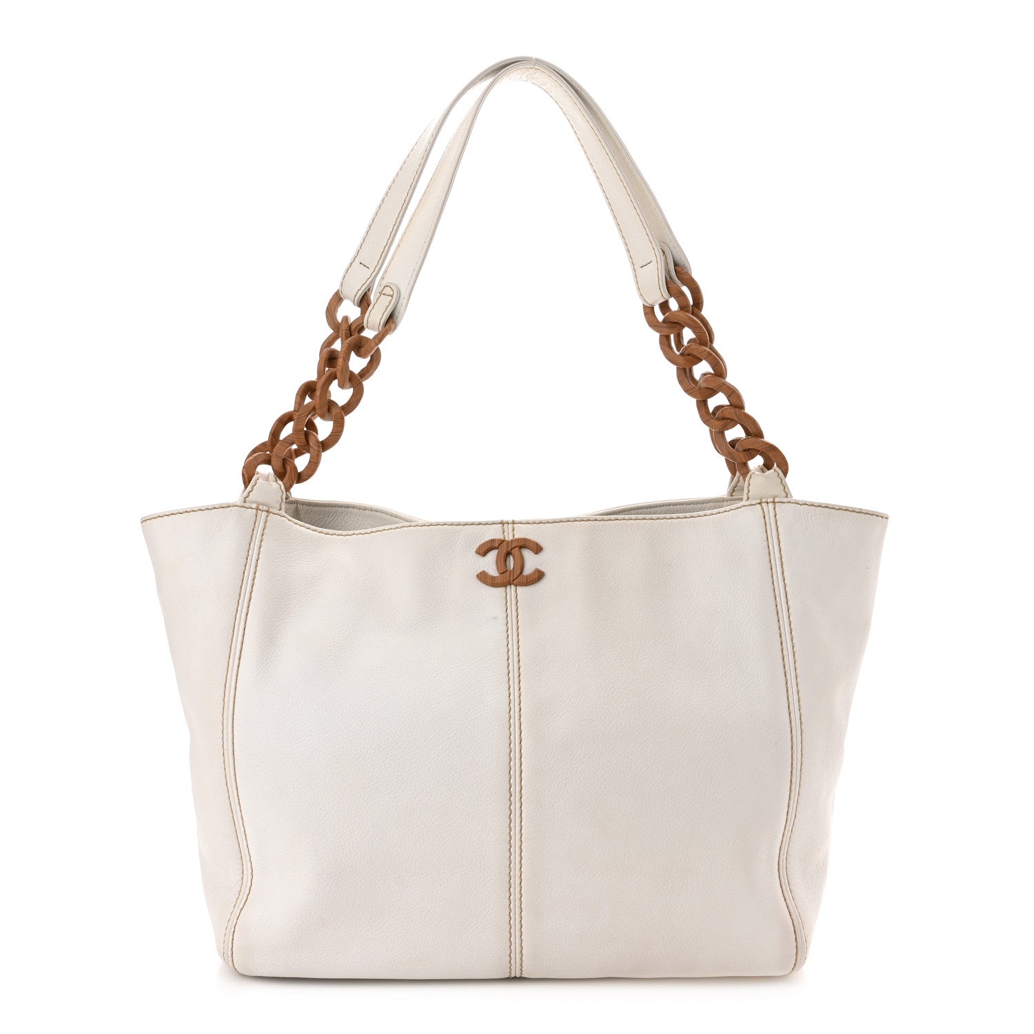 Chanel Calfskin Wood Chain Tote White 1 of 14
