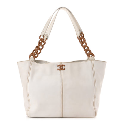 Chanel Calfskin Wood Chain Tote White 1 of 14