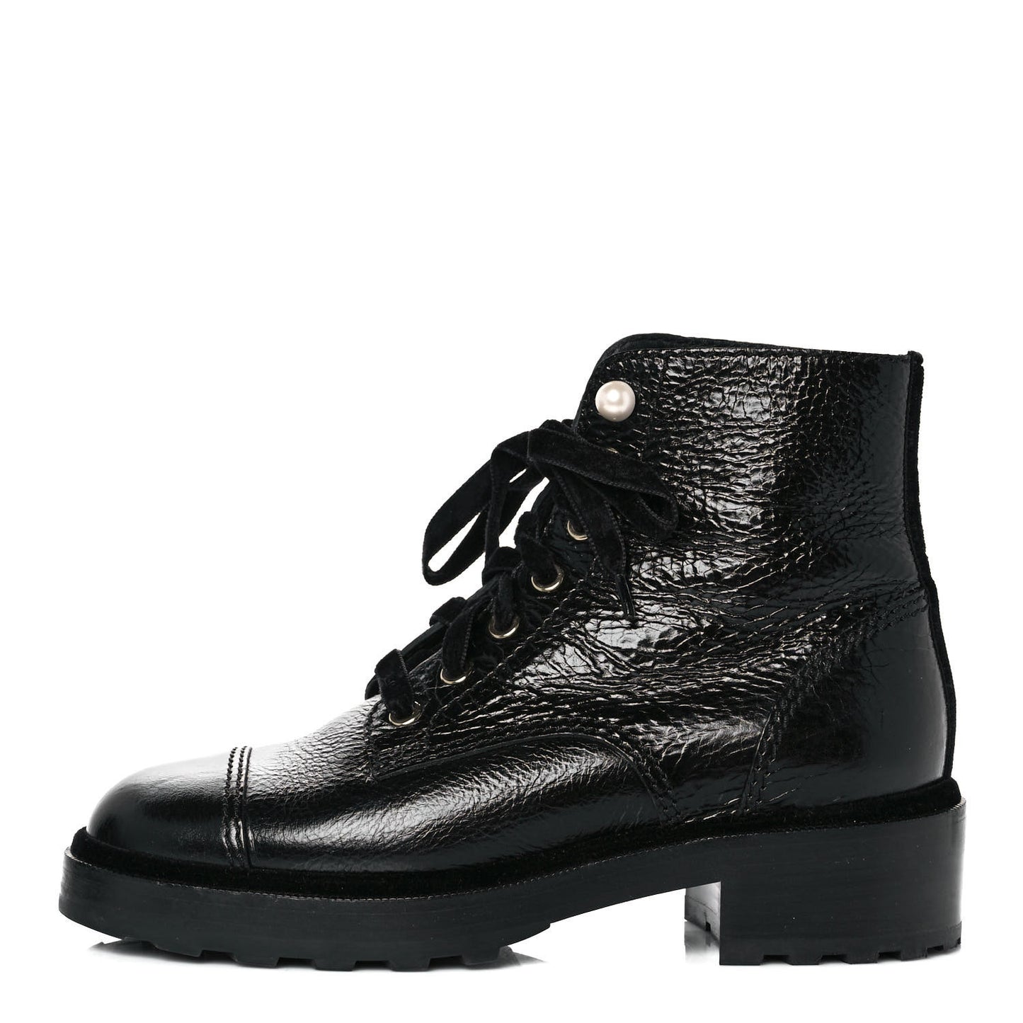 Shiny Calfskin Velvet Pearl Combat Short Boots 38.5 Black