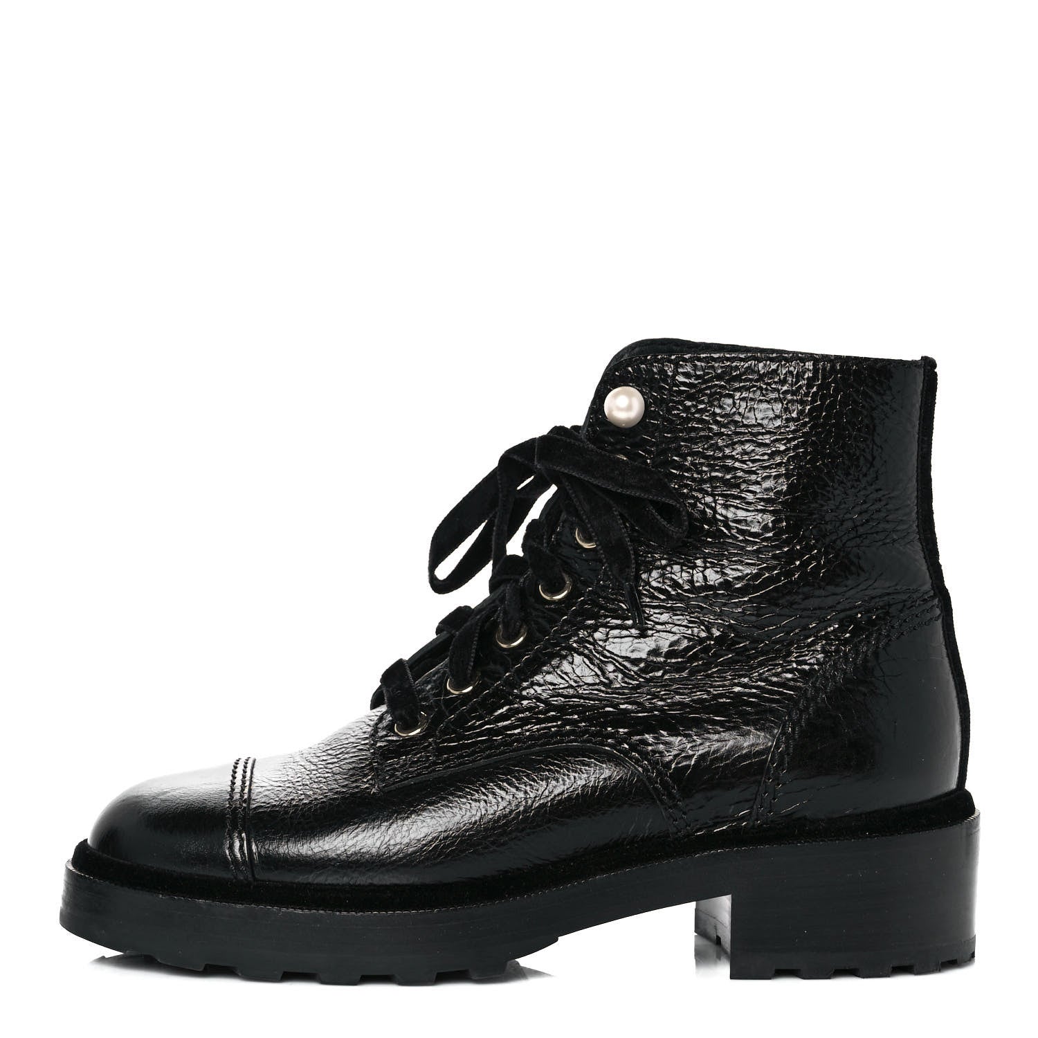 Chanel Shiny Calfskin Velvet Pearl Combat Short Boots 38.5 Black 1 of 13