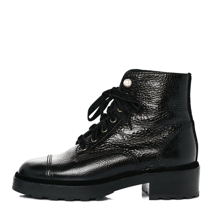 Chanel Shiny Calfskin Velvet Pearl Combat Short Boots 38.5 Black 1 of 13