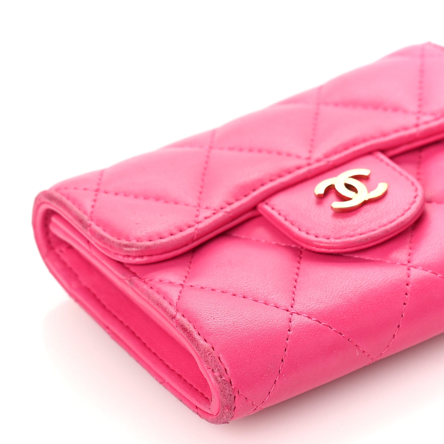 Lambskin Quilted Flap Card Holder Wallet Pink