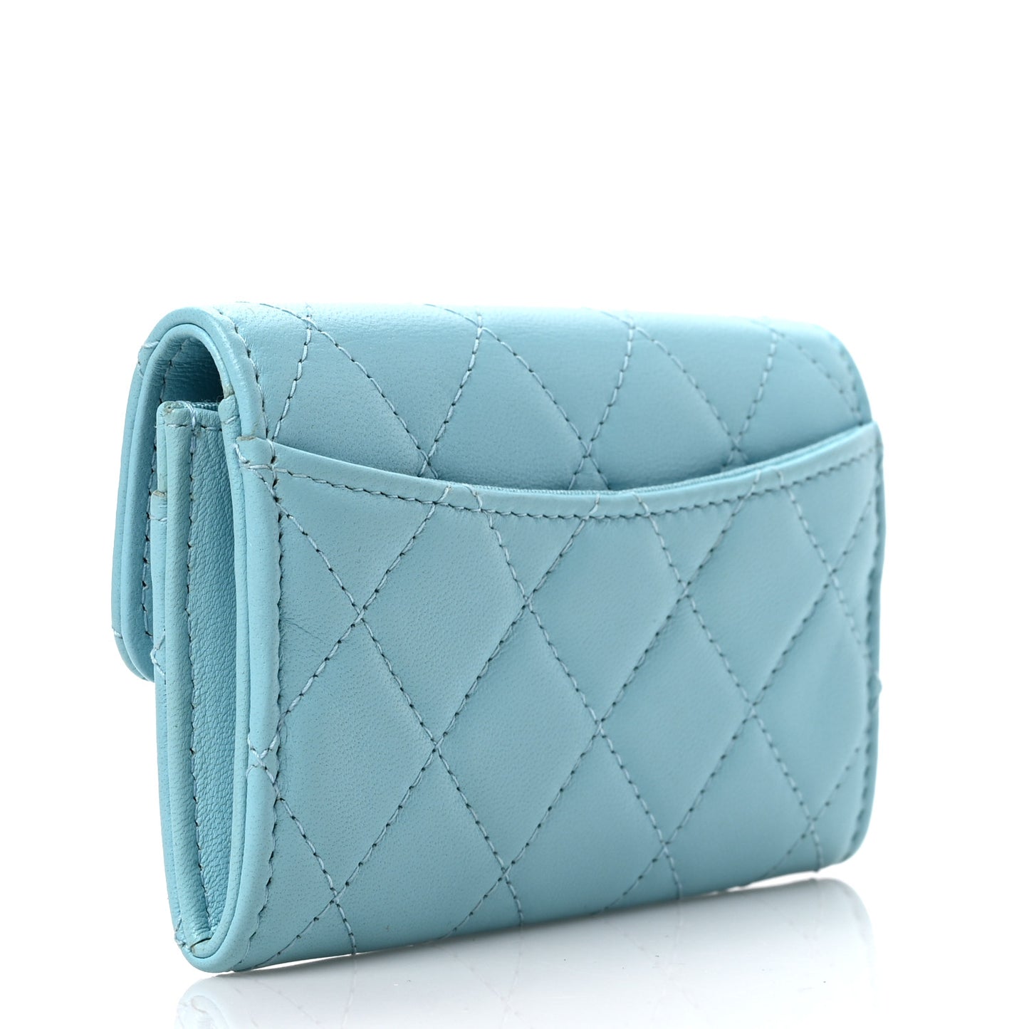 Lambskin Quilted Flap Card Holder Wallet Light Blue