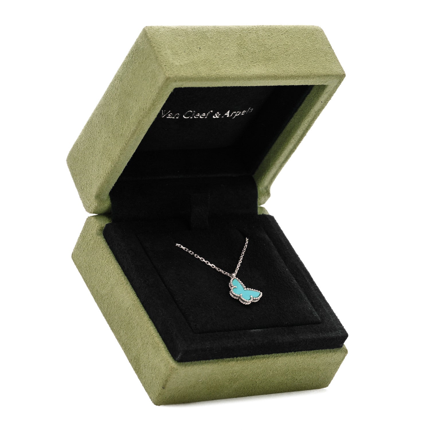 Van Cleef & Arpels 18K White Gold Turquoise Sweet Alhambra Butterfly Pendant Necklace 6 of 6