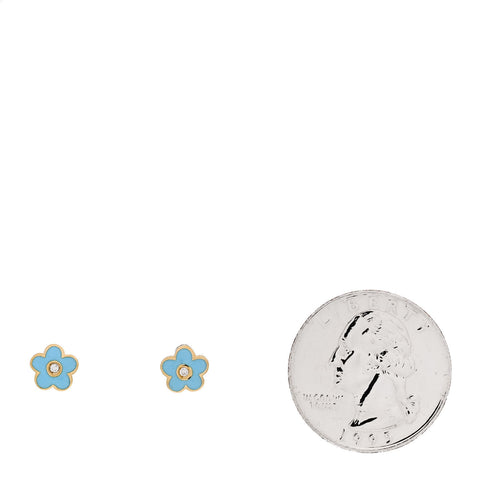 18K Yellow Gold Enamel Diamond Flower Earrings Blue